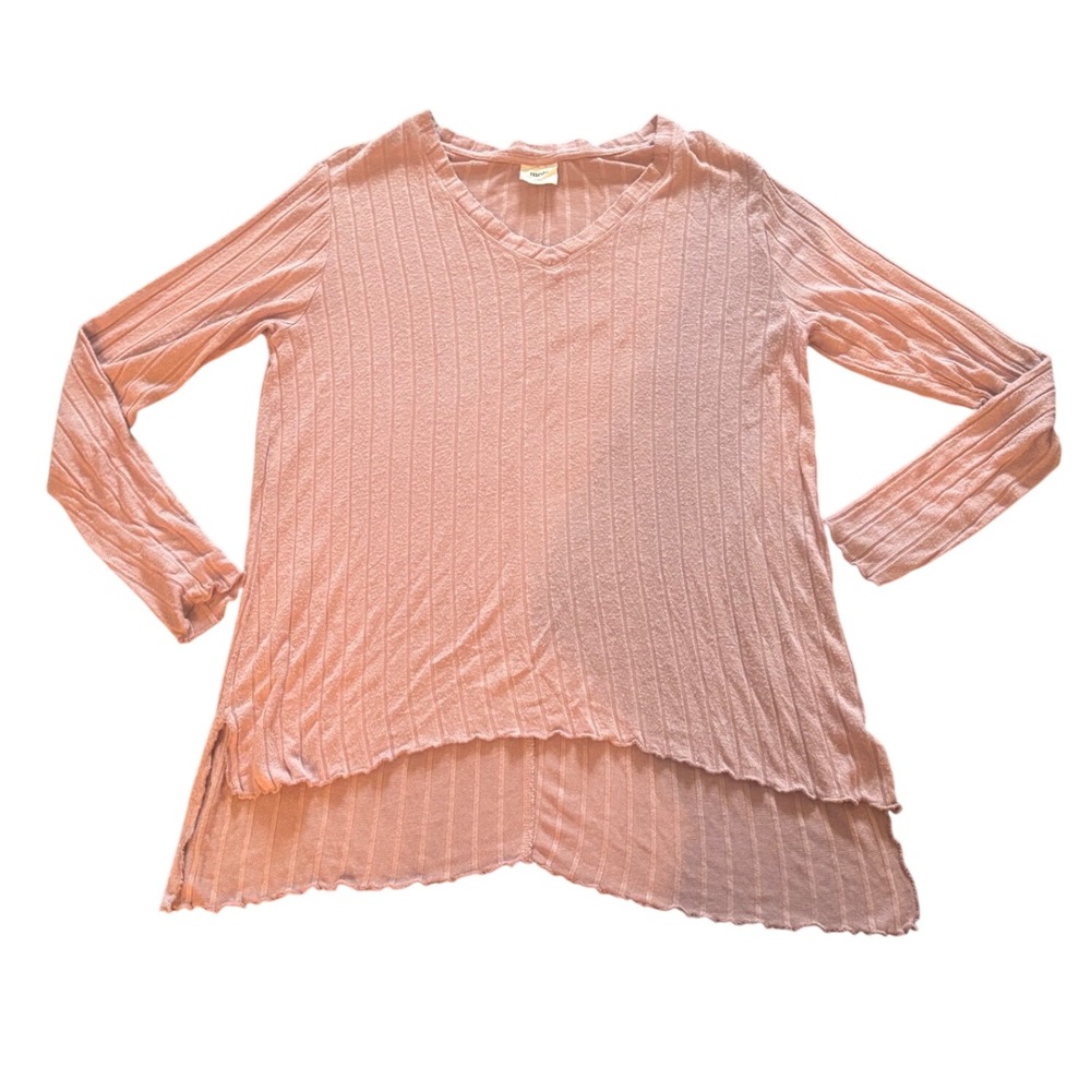 Mote Womens Ribbed V-Neck Long Sleeve High Low Tunic Top Mauve Pink Small